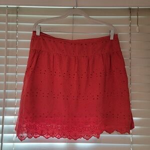 Max Studio Eyelet Embroidered Skirt Size 10 Red Cotton Scalloped Hem Lined Airy